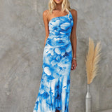 Asymmetrisches Midikleid mit Blumenmuster – Schulterfreies Sommerkleid mit Volant-Saum