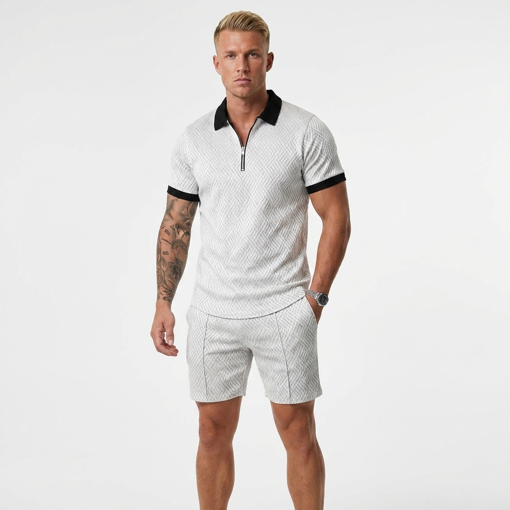 Herren Strick Poloshirt mit Reißverschluss und Strukturmuster