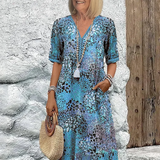 Sommerkleid mit V-Ausschnitt & Allover-Muster – Knielang & bequem