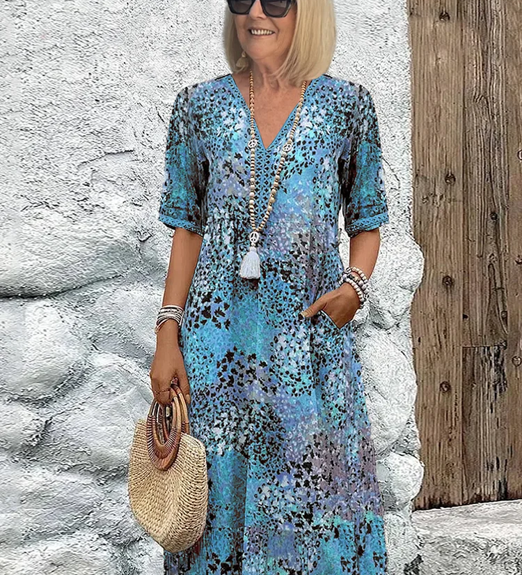 Sommerkleid mit V-Ausschnitt & Allover-Muster – Knielang & bequem