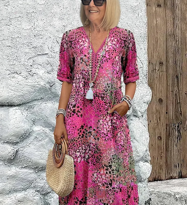 Sommerkleid mit V-Ausschnitt & Allover-Muster – Knielang & bequem