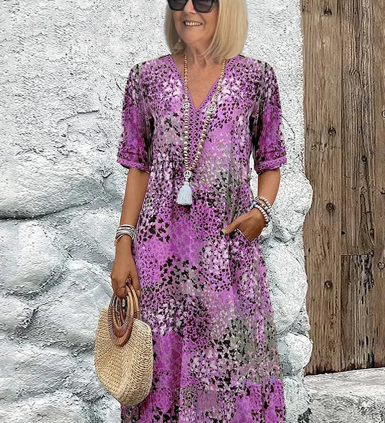 Sommerkleid mit V-Ausschnitt & Allover-Muster – Knielang & bequem