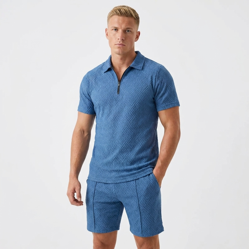Herren Strick Poloshirt mit Reißverschluss und Strukturmuster