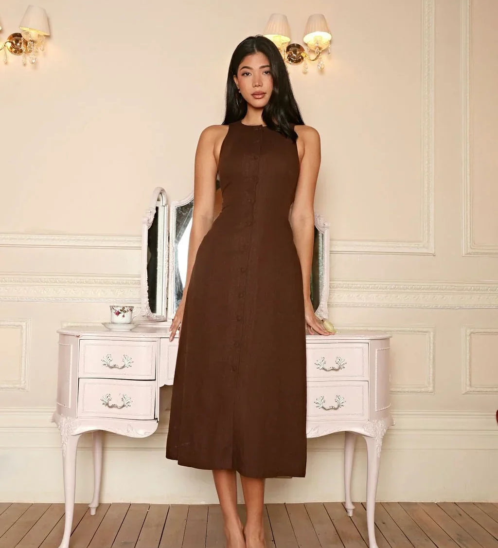 Crystal | Ärmelloses Zuknöpfen Braun Leinen Midikleid mit figurbetonter Passform