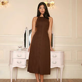 Crystal | Ärmelloses Zuknöpfen Braun Leinen Midikleid mit figurbetonter Passform