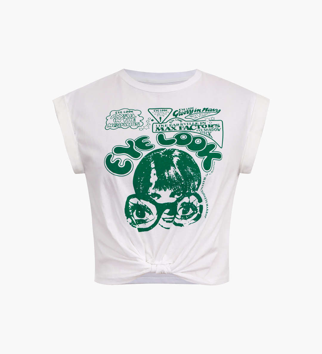 Gracelyn | Hochgekrempelte Ärmel EYE LOOK Grafikdruck Crop-T-Shirt mit Knotendetail