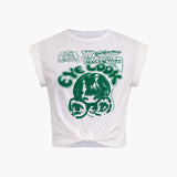Gracelyn | Hochgekrempelte Ärmel EYE LOOK Grafikdruck Crop-T-Shirt mit Knotendetail
