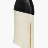 Danica | Eleganter Midirock mit asymmetrischem Kunstleder und Leinen-Design