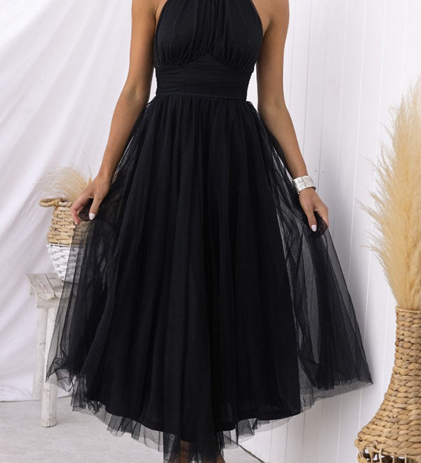 Elegantes Tüllkleid – Halterneck Midikleid mit A-Linie & Schleierkragen
