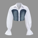 Sunniva | Cropped-Hemd mit Denim-Korsagen und voluminösen Ärmeln