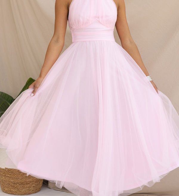 Elegantes Tüllkleid – Halterneck Midikleid mit A-Linie & Schleierkragen