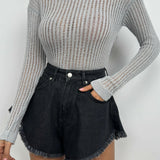 Alora | Graue, Gerippte Damenbluse mit Transparenter Struktur