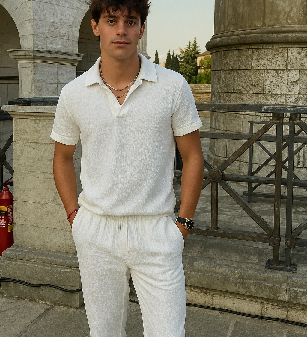 Junger Mann trägt weißes Baumwoll-Sommer-Set mit Polo-Shirt und gerader Hose, inspiriert vom Old-Money-Stil, vor historischer Kulisse