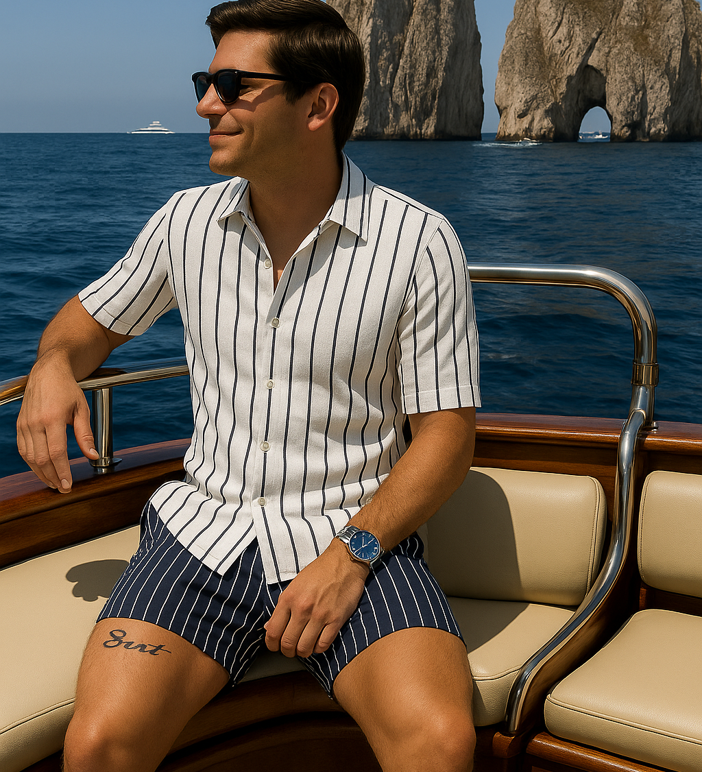 Ein Mann in einem blau-weiß gestreiften Sommer-Set, bestehend aus Kurzarmhemd und Shorts, sitzt auf einem Holzboot vor den Faraglioni-Felsen auf Capri.