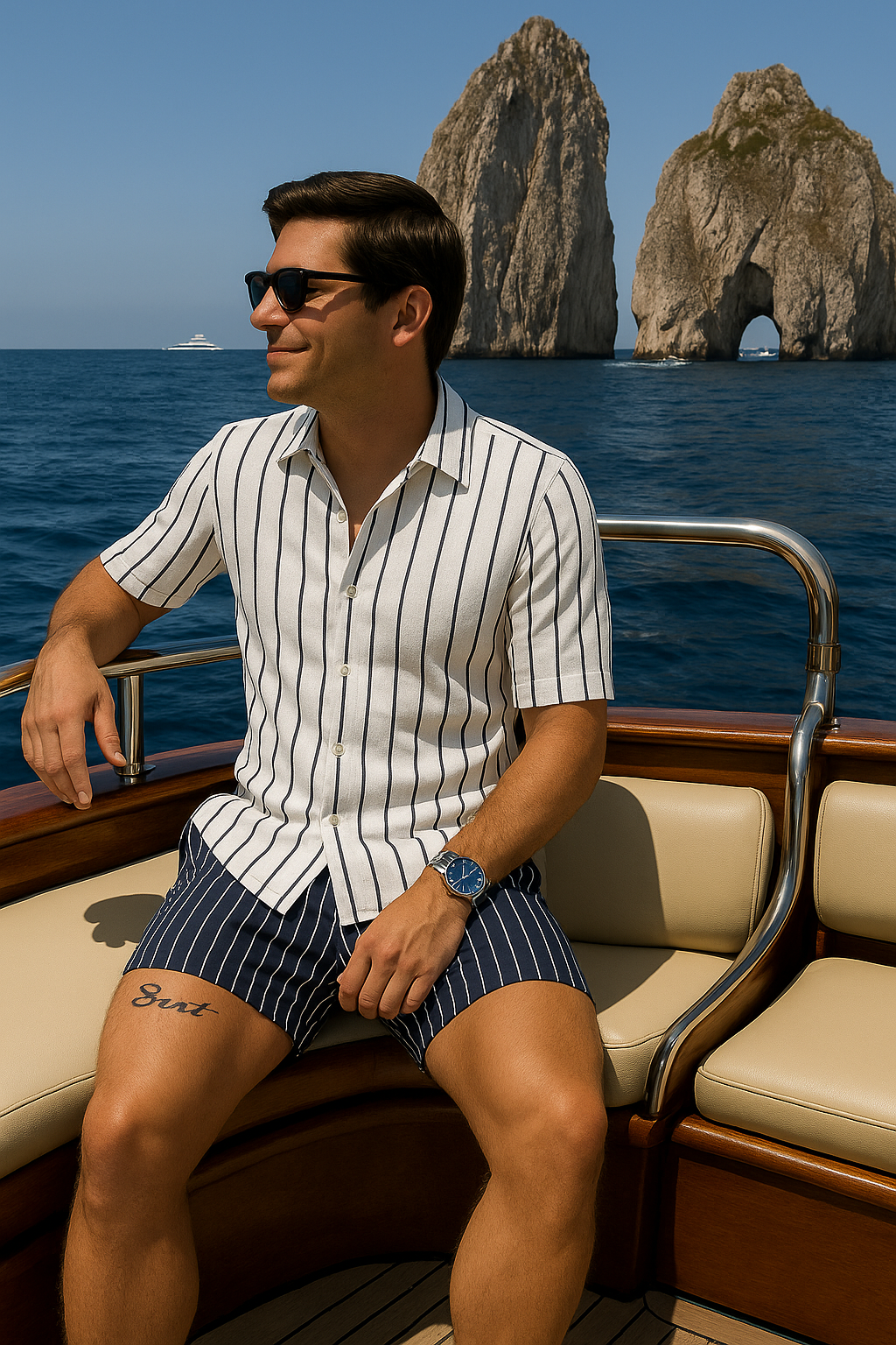 Ein Mann in einem blau-weiß gestreiften Sommer-Set, bestehend aus Kurzarmhemd und Shorts, sitzt auf einem Holzboot vor den Faraglioni-Felsen auf Capri.