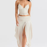 Karla | Weißes veganes Lederkorsett mit drapiertem Midirock für Frauen