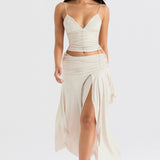 Karla | Weißes veganes Lederkorsett mit drapiertem Midirock für Frauen