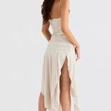 Karla | Weißes veganes Lederkorsett mit drapiertem Midirock für Frauen