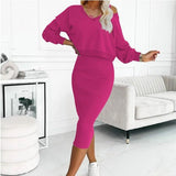 Damen Zweiteiler mit V-Ausschnitt Pullover und figurbetontem Midikleid