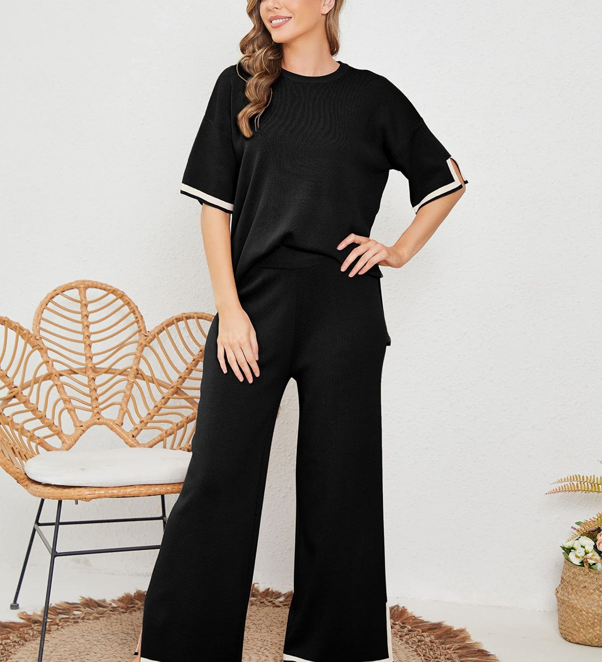 Eleganter Zweiteiler mit Kurzarm Oberteil & Weitbein Hose – Komfortabler Freizeit Look