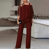 Damen Abend Zweiteiler mit asymmetrischem Chiffon-Top und eleganter Hose