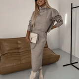 Damen Strick Zweiteiler mit Rollkragen Pullover und Midikleid
