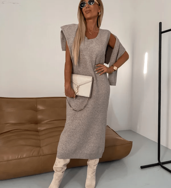 Damen Strick Zweiteiler mit Rollkragen Pullover und Midikleid