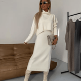 Damen Strick Zweiteiler mit Rollkragen Pullover und Midikleid