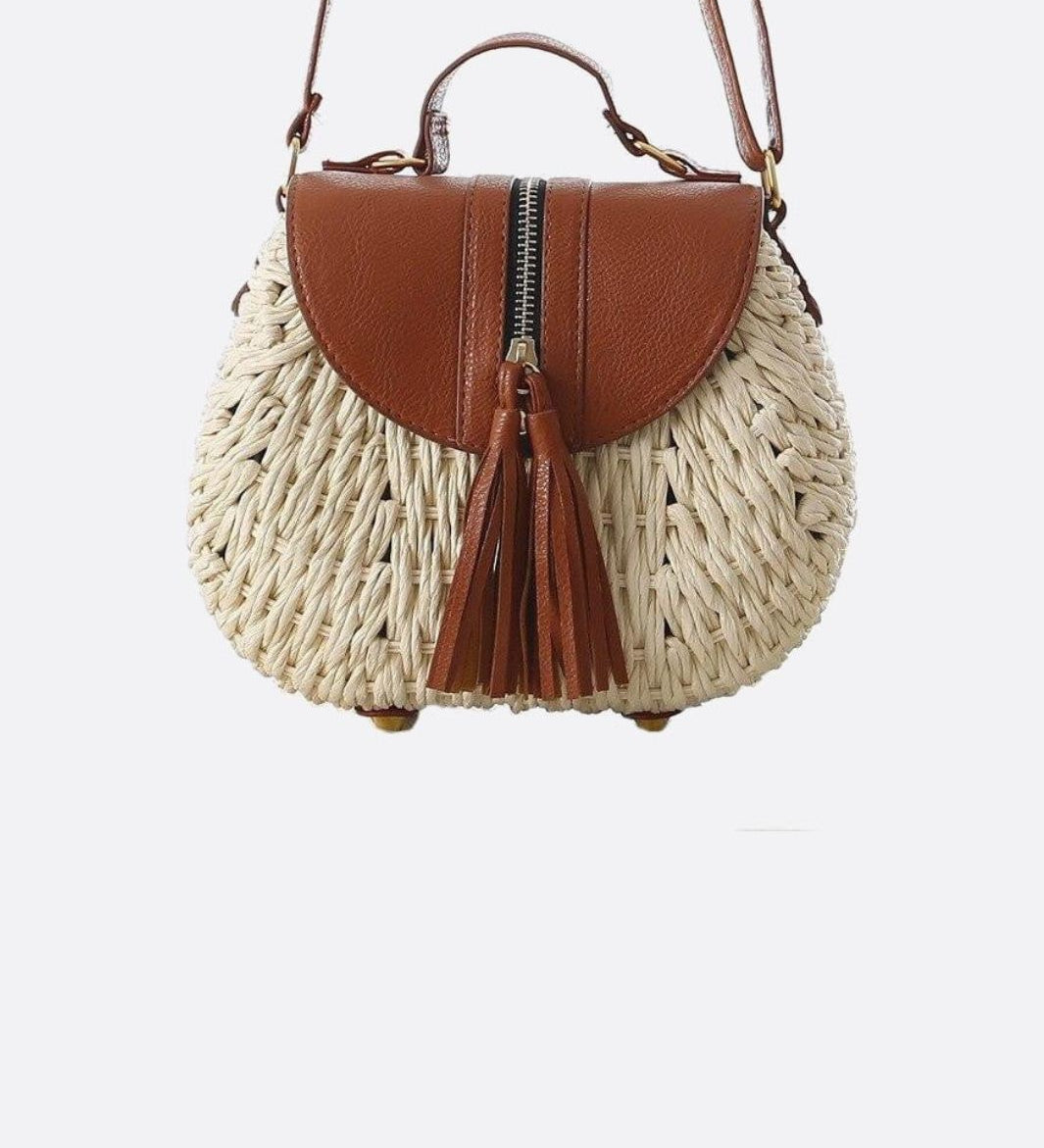 Lina | Kleine Schultertasche aus Strohseil mit verstellbarem Riemen & Quasten-Detail – Crossbody Sommertasche