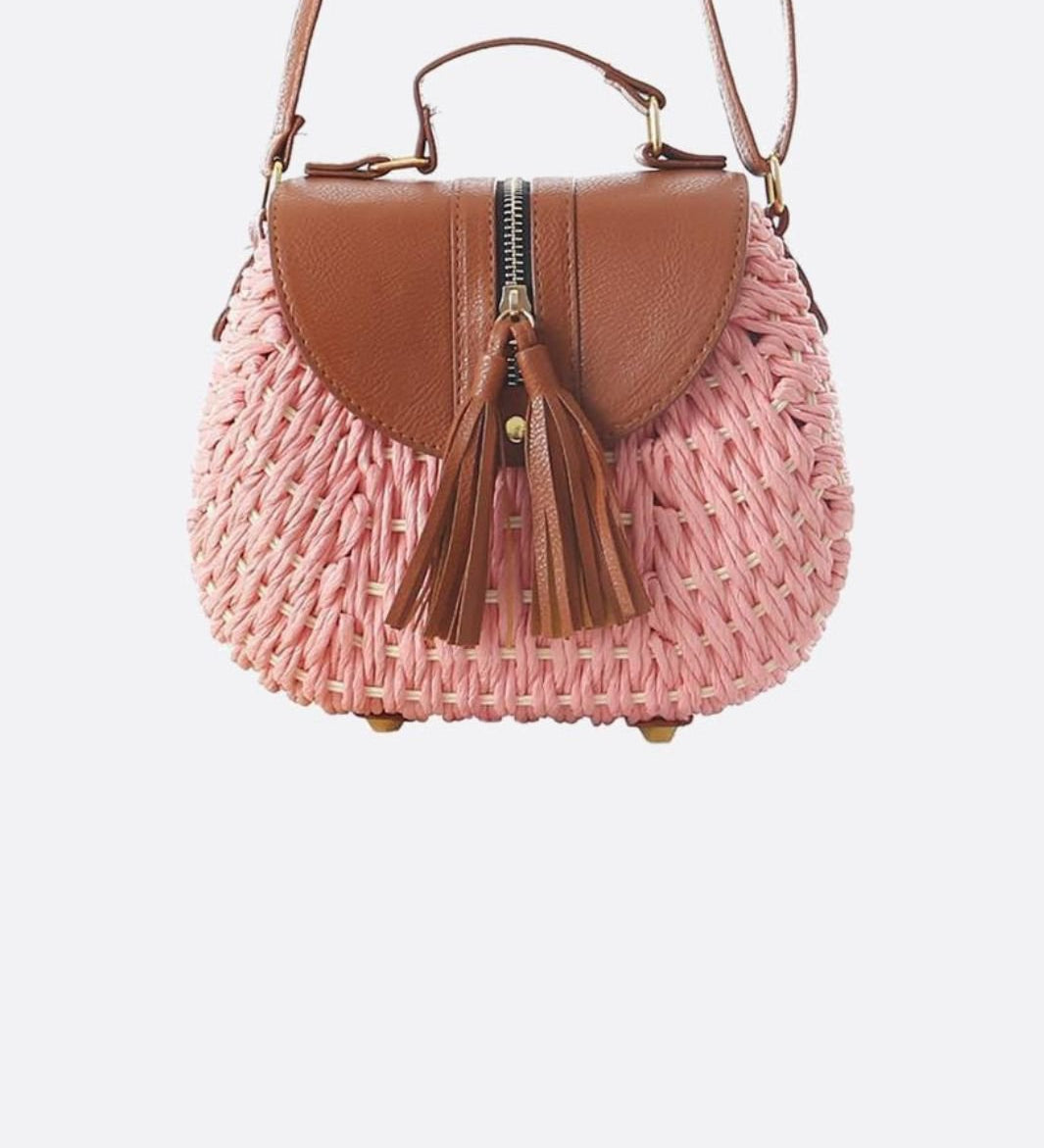 Lina | Kleine Schultertasche aus Strohseil mit verstellbarem Riemen & Quasten-Detail – Crossbody Sommertasche