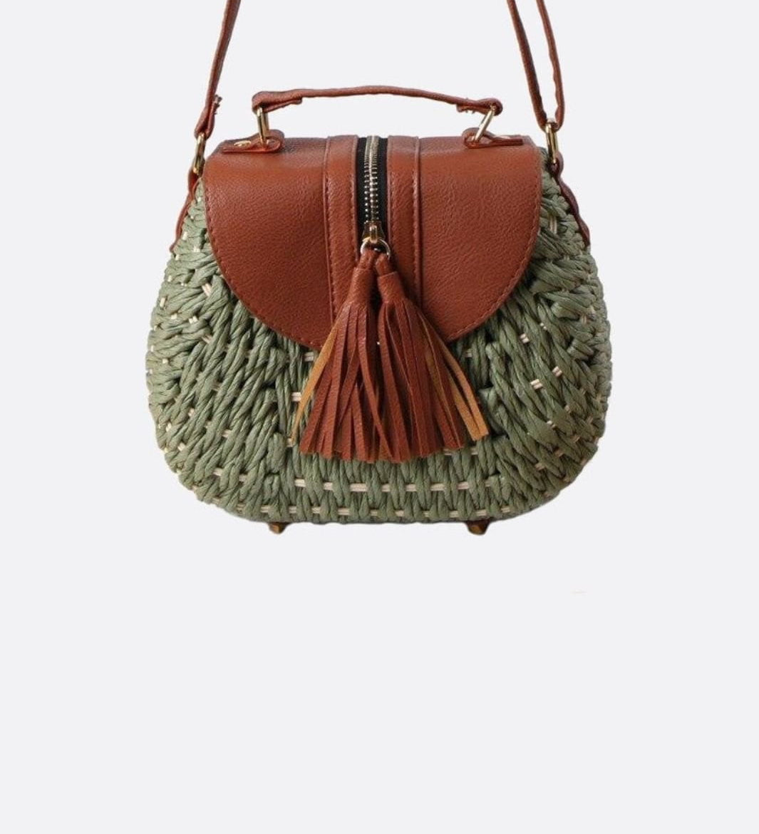 Lina | Kleine Schultertasche aus Strohseil mit verstellbarem Riemen & Quasten-Detail – Crossbody Sommertasche