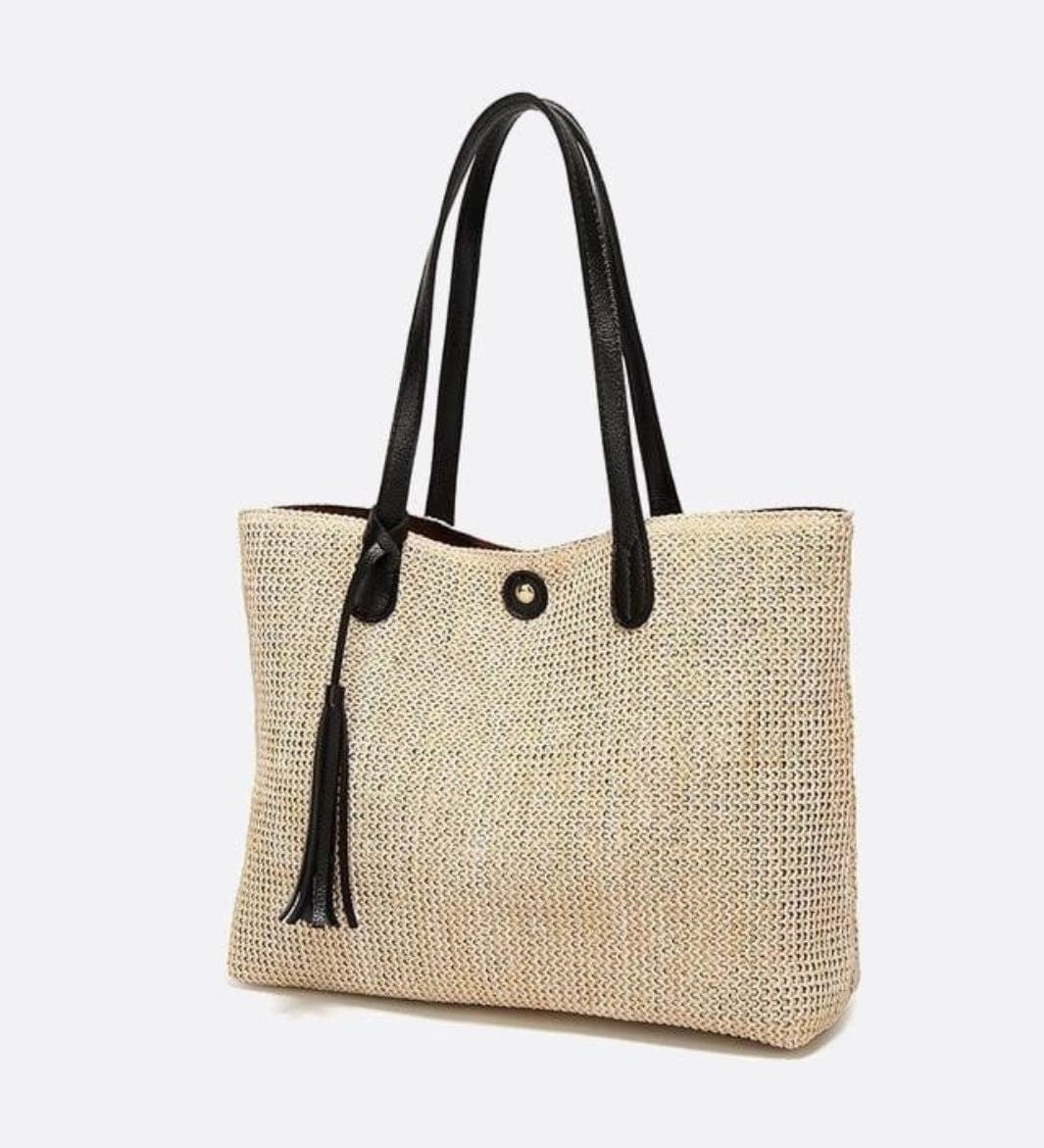 Mira | Große Strohtasche mit langen Tragehenkeln & Deko-Pompon – Sommerlicher Shopper aus Naturmaterial