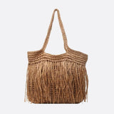 Sola | Große Strohtasche mit Fransen & Reißverschluss – Schulter-Tote Bag