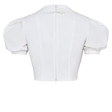Gertrud | Elegantes Weißes Korsett-Top mit Puffärmeln und Wellensaum-Kragen