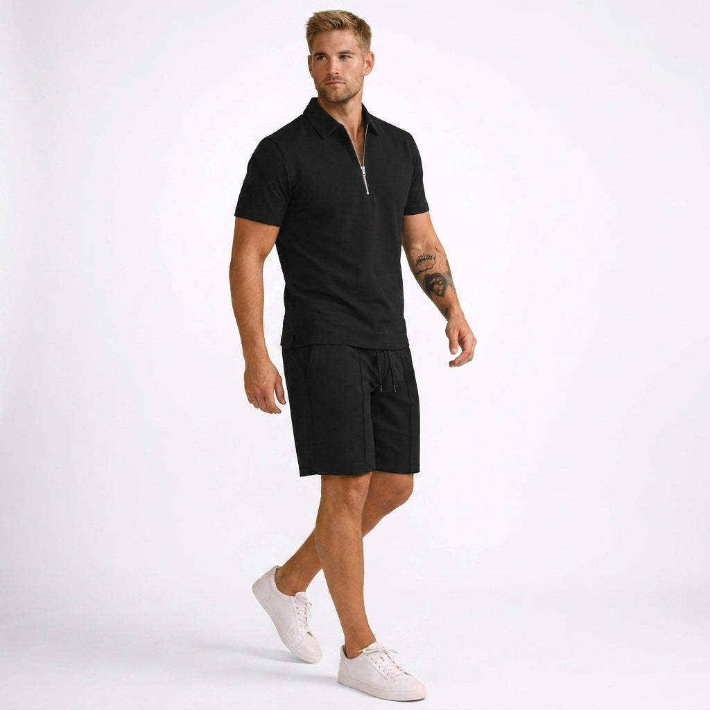 Herren Poloshirt und Shorts Set mit Reißverschlusskragen